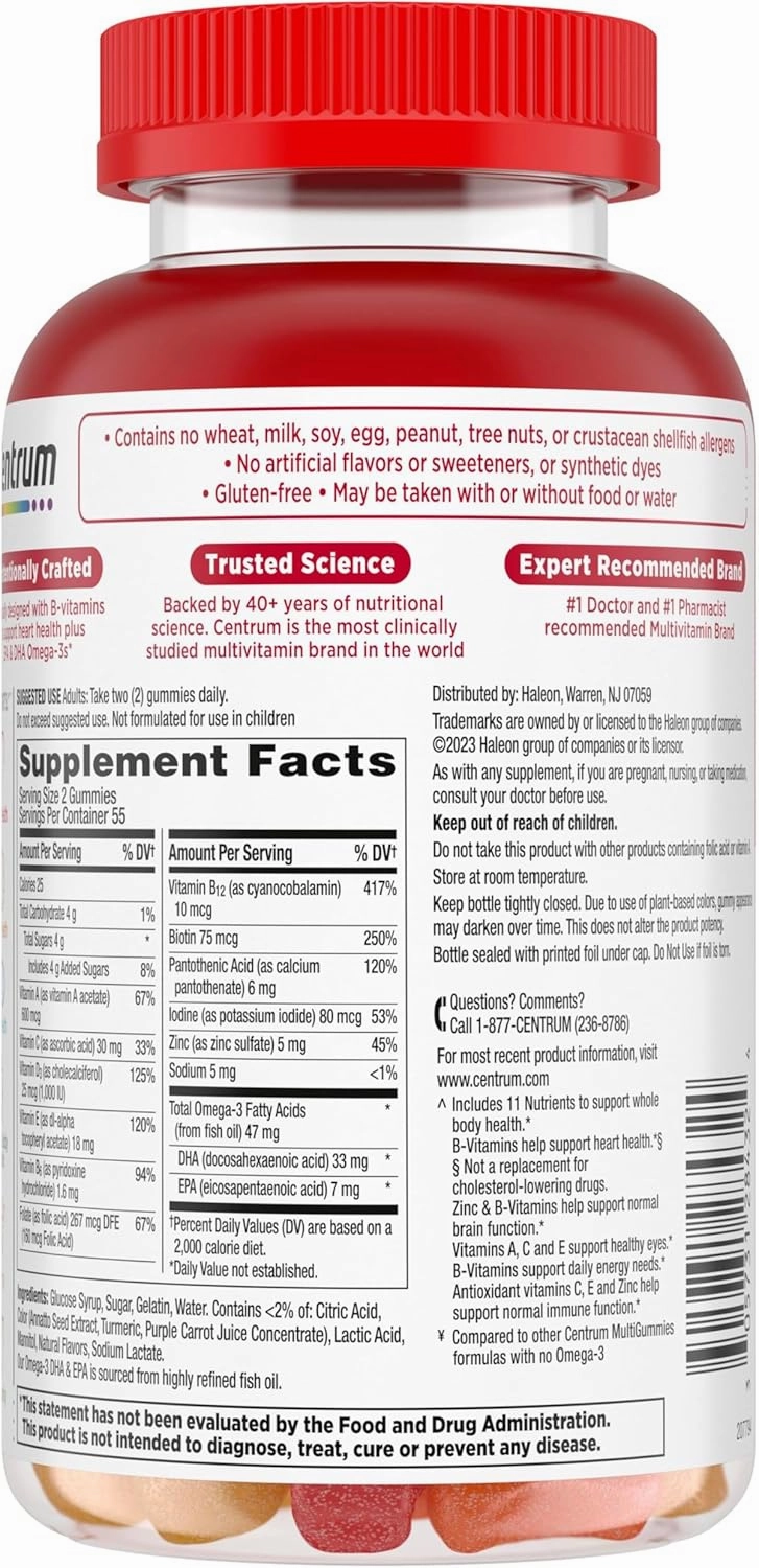 Centrum MultiGummies Multi  Omega 3 Dual Action, Adult Multivitamin, Multivitamin/Multimineral/Omega 3 Supplement, Strawberry/Lemon/Orange Flavors - 110 Count