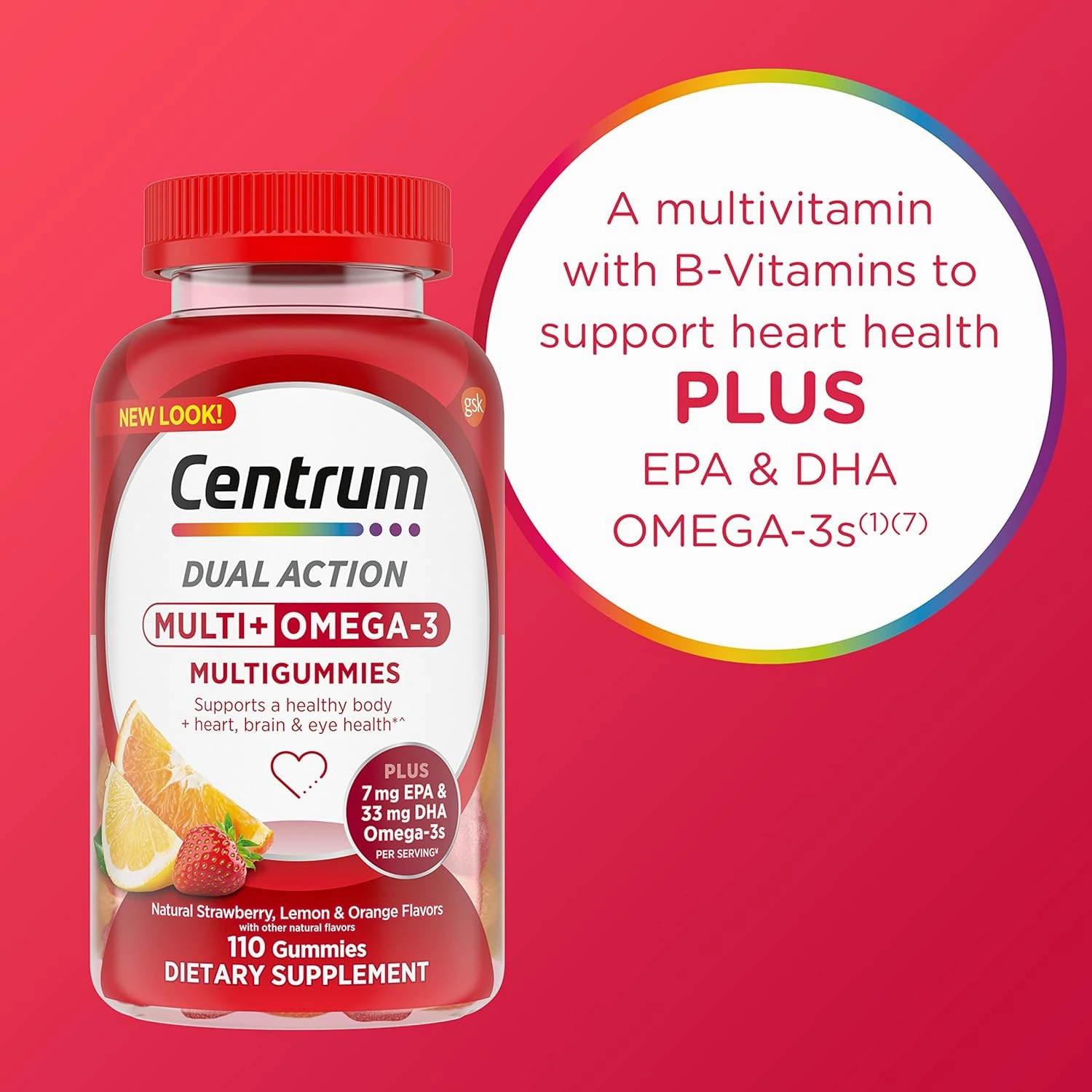 Centrum MultiGummies Multi  Omega 3 Dual Action, Adult Multivitamin, Multivitamin/Multimineral/Omega 3 Supplement, Strawberry/Lemon/Orange Flavors - 110 Count