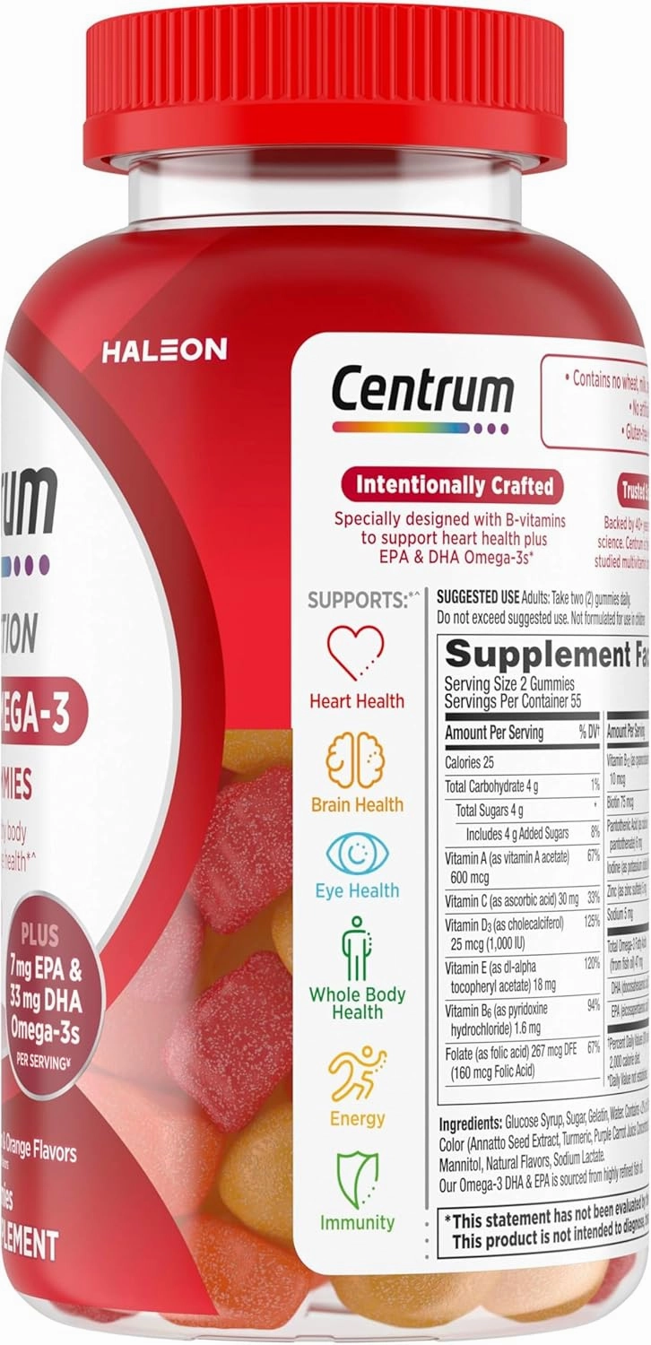 Centrum MultiGummies Multi  Omega 3 Dual Action, Adult Multivitamin, Multivitamin/Multimineral/Omega 3 Supplement, Strawberry/Lemon/Orange Flavors - 110 Count