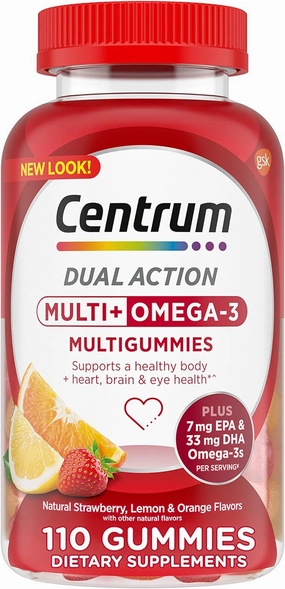 Centrum MultiGummies Multi  Omega 3 Dual Action, Adult Multivitamin, Multivitamin/Multimineral/Omega 3 Supplement, Strawberry/Lemon/Orange Flavors - 110 Count