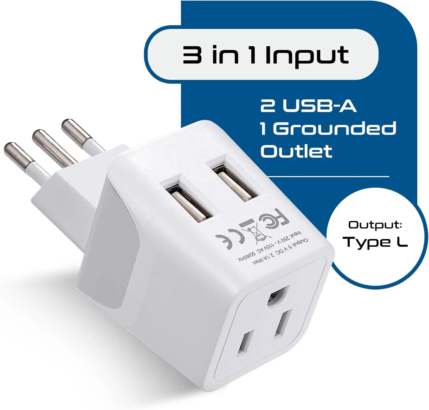 Ceptics Italy, Europe Travel Adapter Plug Set - 2 Pack - with 2 USB   USA Socket Input - Type L and Type C - Ultra Compact - Safe Grounded Perfect for Cell Phones, Laptops, Camera Chargers