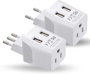 Ceptics Italy, Europe Travel Adapter Plug Set - 2 Pack - with 2 USB   USA Socket Input - Type L and Type C - Ultra Compact - Safe Grounded Perfect for Cell Phones, Laptops, Camera Chargers