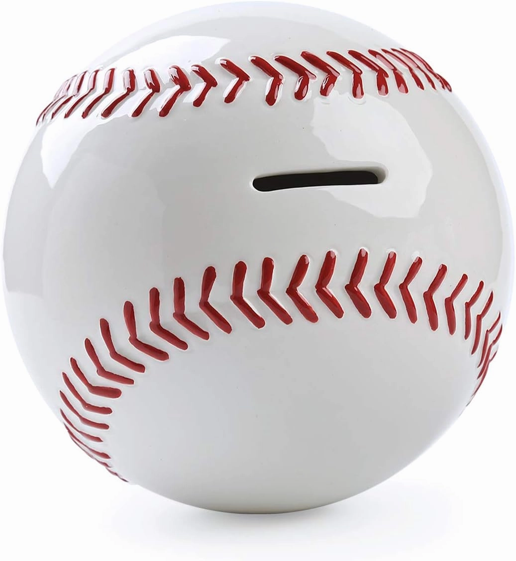 Ceramic White Baseball Piggy Bank for Boys, Sports Coin Bank, Bedroom Decor Money Box-5.9 inch