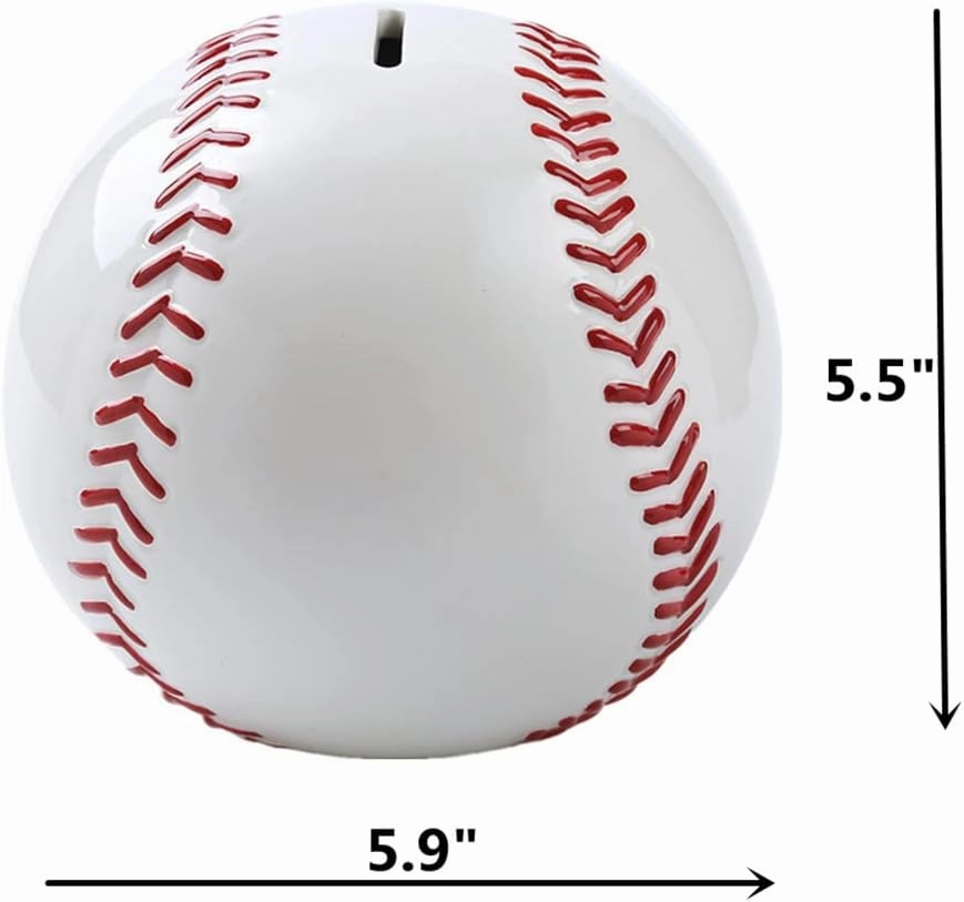 Ceramic White Baseball Piggy Bank for Boys, Sports Coin Bank, Bedroom Decor Money Box-5.9 inch