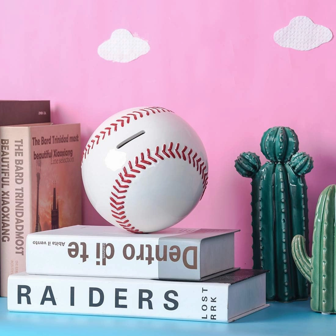 Ceramic White Baseball Piggy Bank for Boys, Sports Coin Bank, Bedroom Decor Money Box-5.9 inch