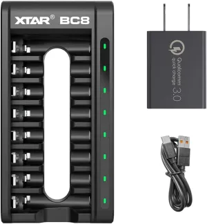 Charge Multiple AAA Rechargeable Batteries Simultaneously with the XTAR BC8 Smart AA AAA Charger - 8 Bays for 1.5V Lithium and 1.2V Ni-Mh Ni-Cd Rechargeable Batteries (BC8 Charger QC3.0)