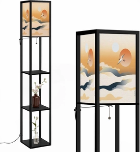 Chinese Cloud Decorations Crane Birds Vintage Style Abstract Art Floor Lamps with Shelves, Modern Standing Lamp Narrow Corner Display Bookshelf Lamp for Living Room, Bedroom, Office Decor