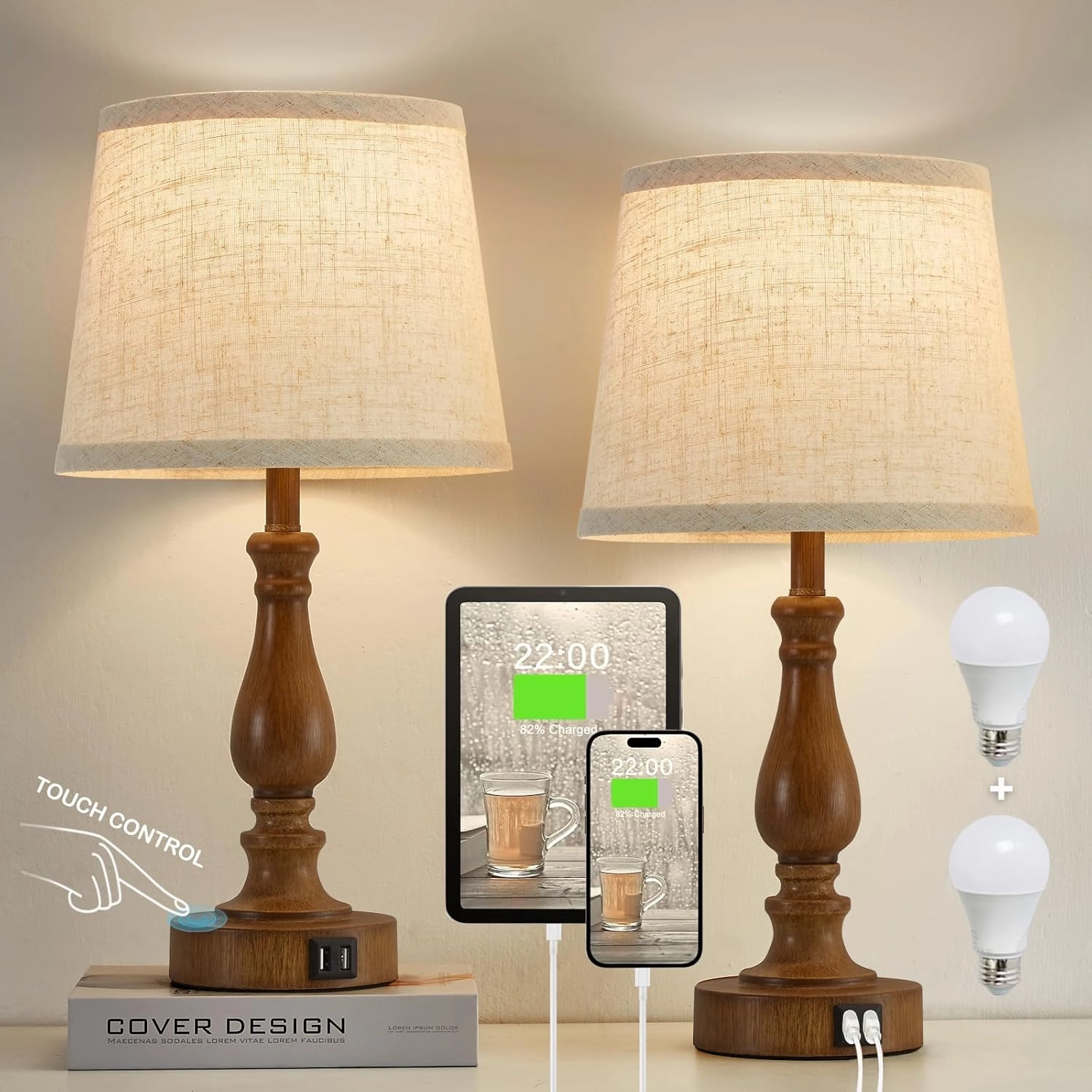 Classical Table Lamps for Bedrooms Set of 2 - Touch Bedside Lamps with Dual USB Ports, 3 Way Dimmable Nightstand Lamps for End Tables, Farmhouse Night Stand Lamps for Living Room Guest Room
