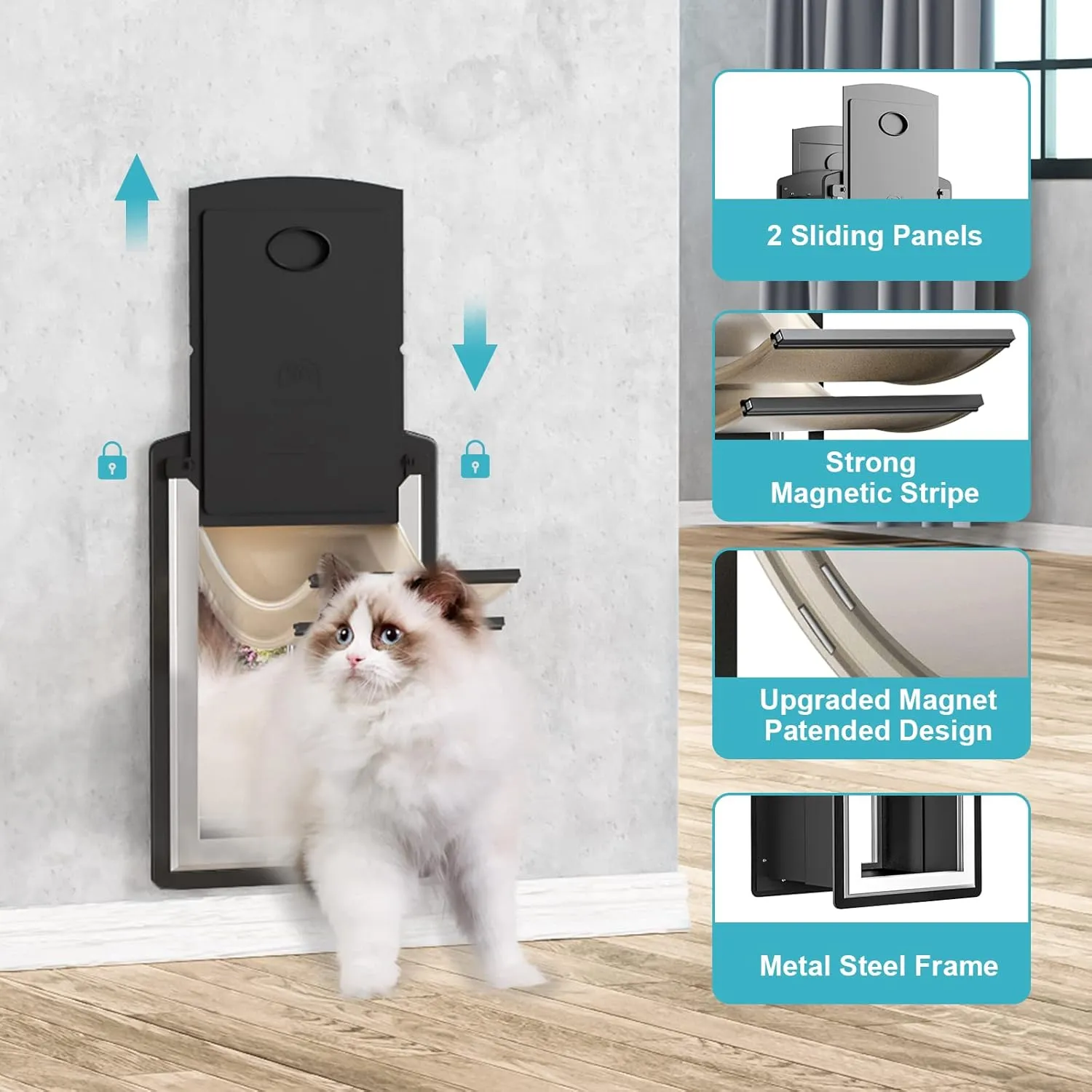 ClawJaw Doggy Door for Wall, Metal Frame and Telescopic Tunnel Pet Door, Double-Sided Wind Deflector and Magnetic Flaps, Easy to Install, Black (Pets Up to 40 Lb)-Medium