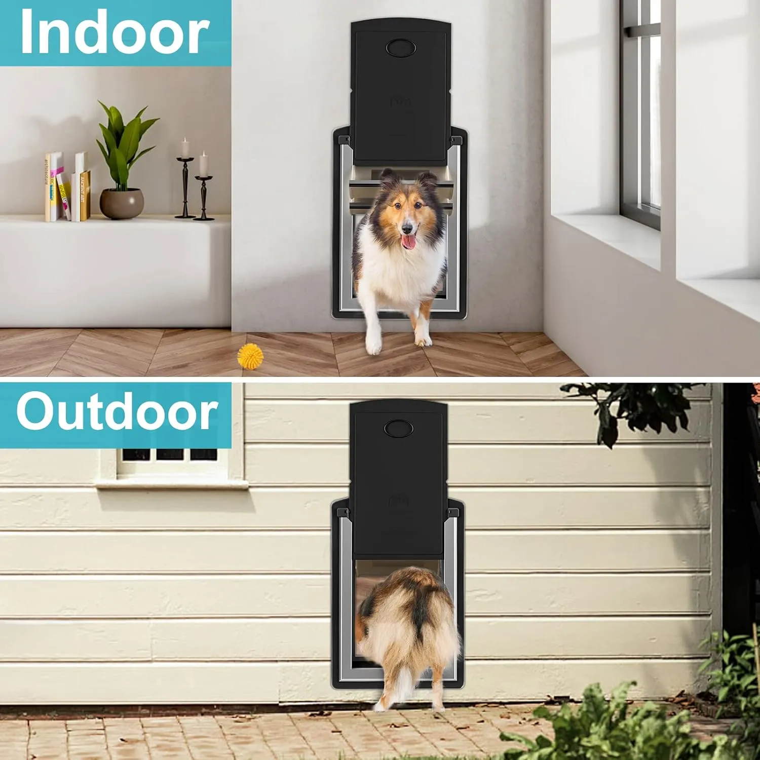 ClawJaw Doggy Door for Wall, Metal Frame and Telescopic Tunnel Pet Door, Double-Sided Wind Deflector and Magnetic Flaps, Easy to Install, Black (Pets Up to 40 Lb)-Medium