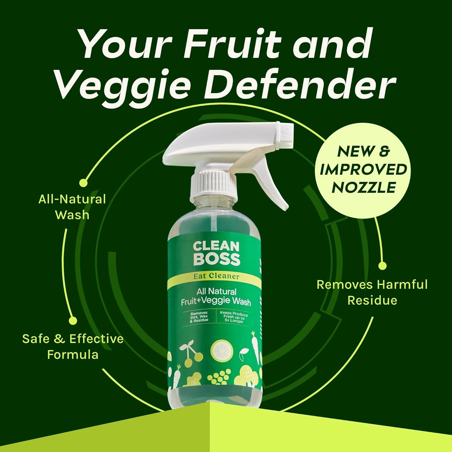 CleanBoss Eat Cleaner Triple-Action Fruit   Veggie Wash - 12 oz, Pack of 3 - Removes Harmful Residue - Keeps Produce Fresh Up to 5X Longer - Includes One Trigger - Vegan, Gluten Free - Improved Nozzle