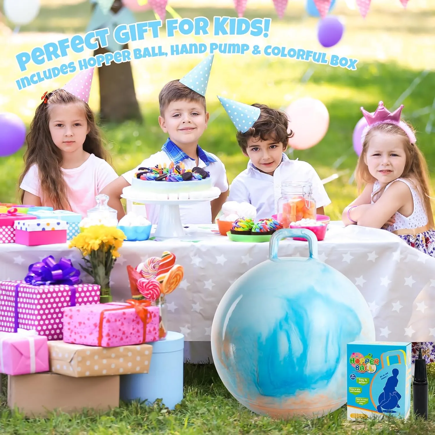 Clouds Hopper Ball for Kids,20 Inch Bouncy Ball with Handle,Inflatable Hopping Toys for Boys Girls Aged 6-12, Indoor Outdoor Jumping Toys Gift with Pump