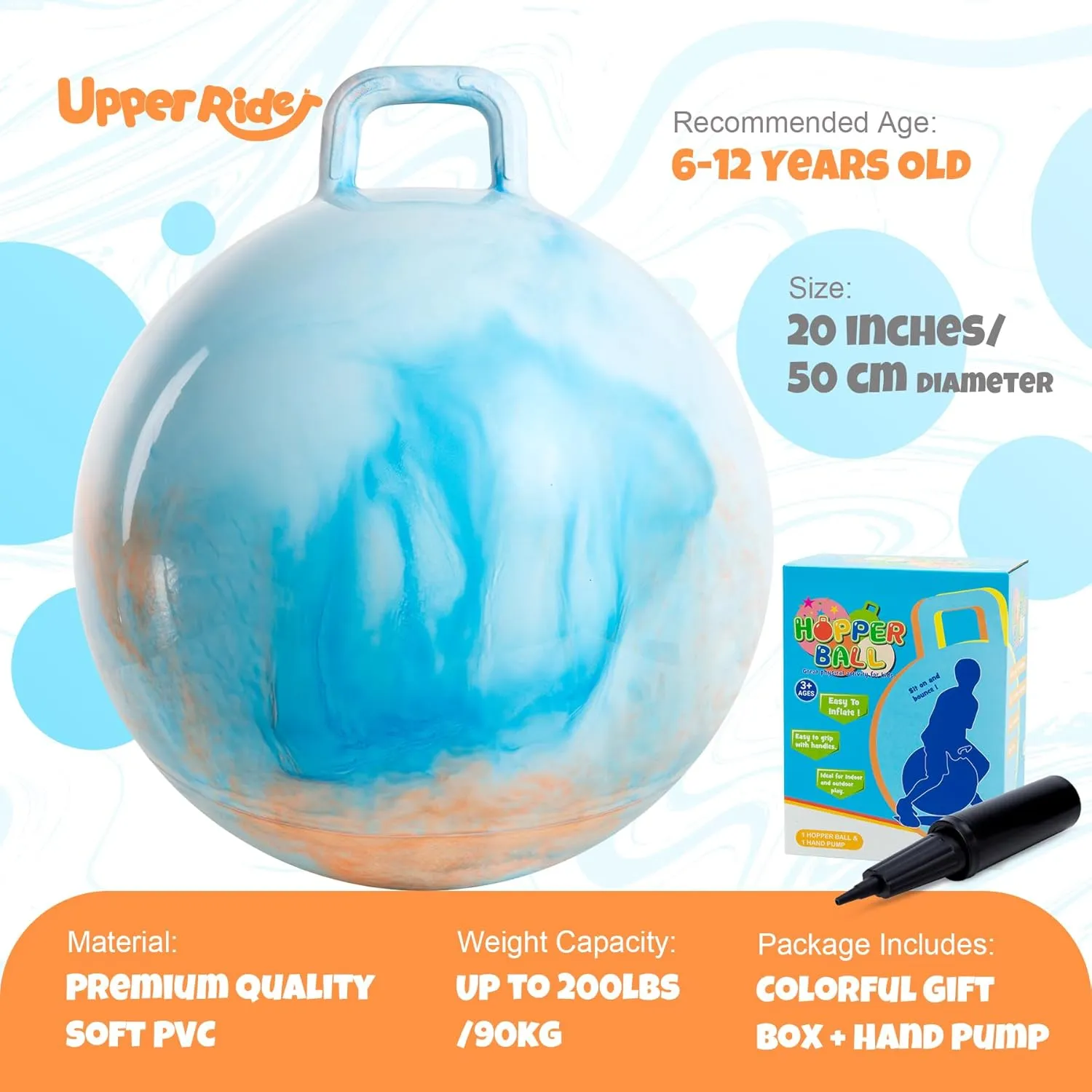 Clouds Hopper Ball for Kids,20 Inch Bouncy Ball with Handle,Inflatable Hopping Toys for Boys Girls Aged 6-12, Indoor Outdoor Jumping Toys Gift with Pump