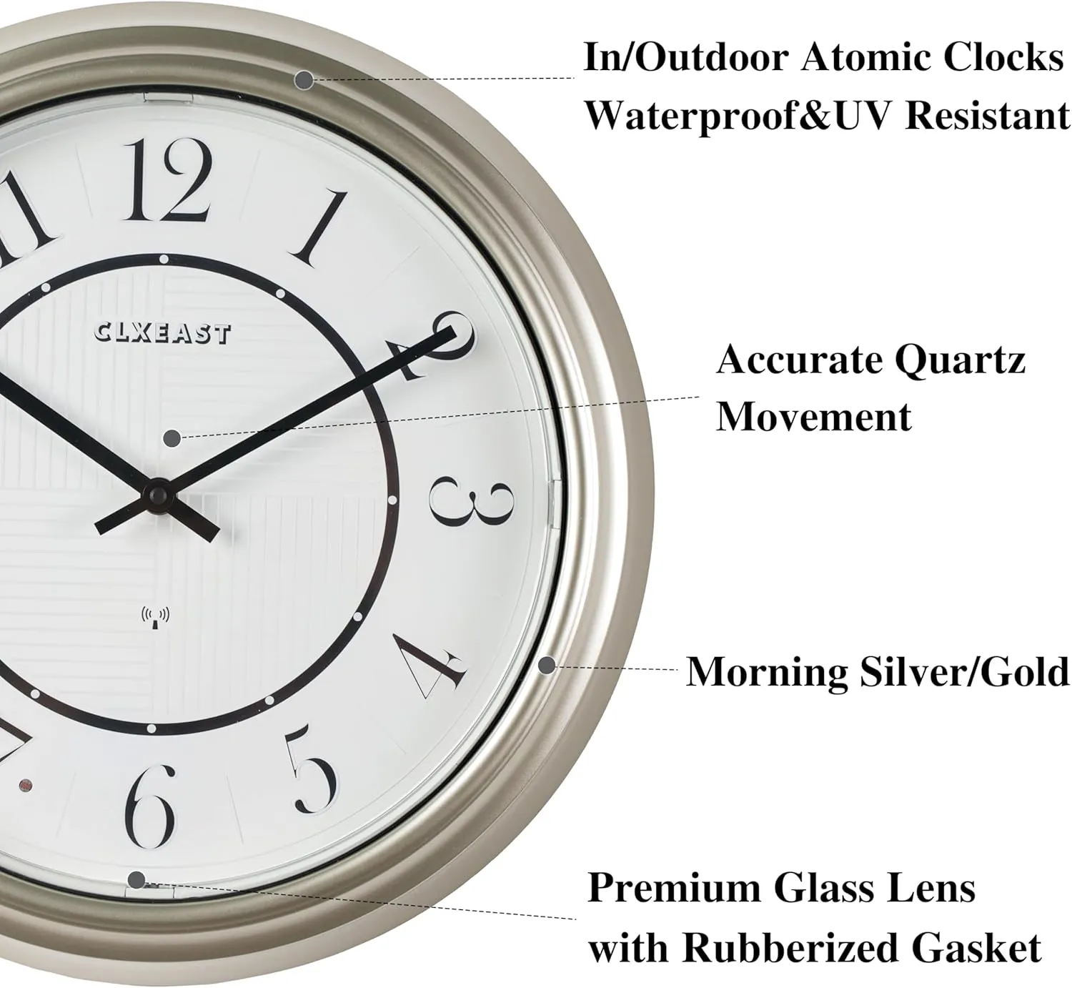 CLXEAST 14 Inch Self-Illuminated in/Outdoor Atomic Wall Clock for Home Office, Night Light Wall Clocks for Living Room Decor,Modern Farmhouse Morning Silver/Gold Finish