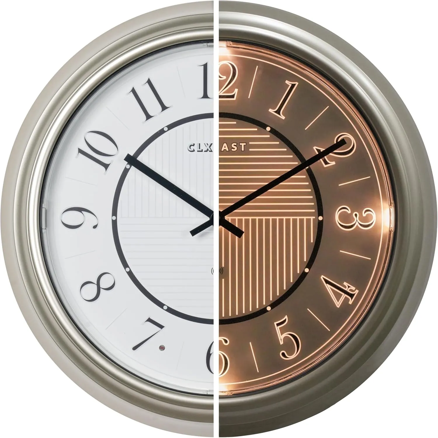 CLXEAST 14 Inch Self-Illuminated in/Outdoor Atomic Wall Clock for Home Office, Night Light Wall Clocks for Living Room Decor,Modern Farmhouse Morning Silver/Gold Finish
