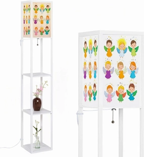 Colorful Angel Creatures Sparkling Nimbuses Poster Floor Lamps with Shelves, Modern Standing Lamp Narrow Corner Display Bookshelf Lamp for Living Room, Bedroom, Office Decor