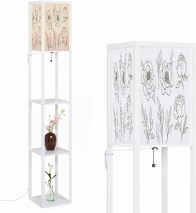 Contoured Simple Peony Flowers Buds Leaves White Floral Set Floor Lamps with Shelves, Modern Standing Lamp Narrow Corner Display Bookshelf Lamp for Living Room, Bedroom, Office Decor