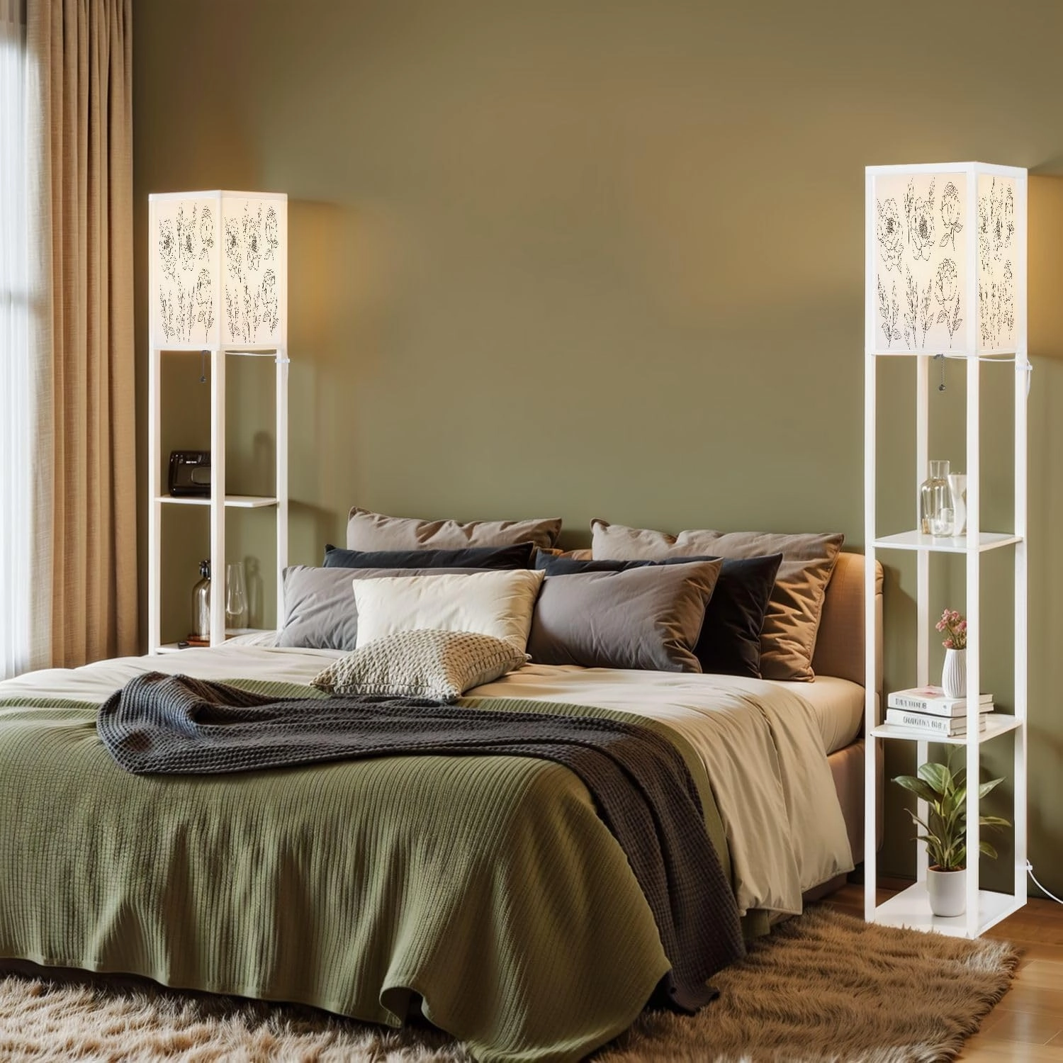 Contoured Simple Peony Flowers Buds Leaves White Floral Set Floor Lamps with Shelves, Modern Standing Lamp Narrow Corner Display Bookshelf Lamp for Living Room, Bedroom, Office Decor