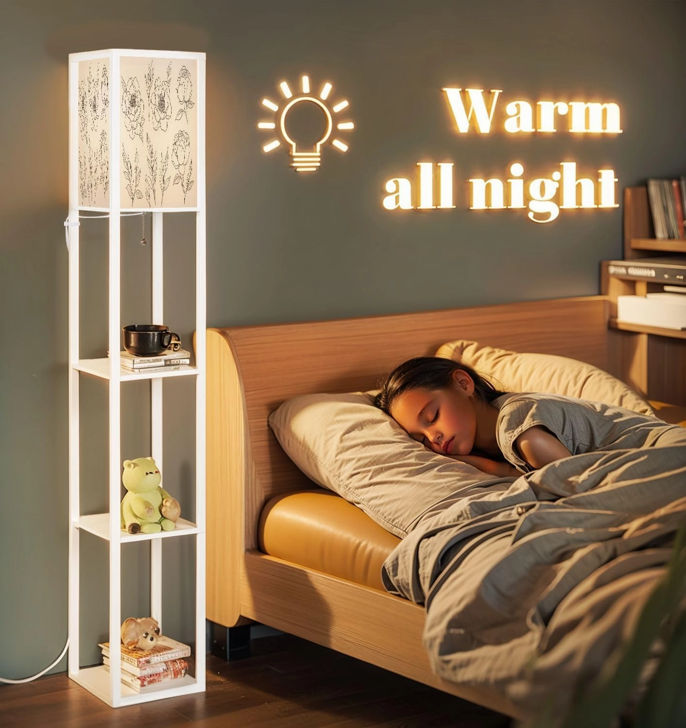 Contoured Simple Peony Flowers Buds Leaves White Floral Set Floor Lamps with Shelves, Modern Standing Lamp Narrow Corner Display Bookshelf Lamp for Living Room, Bedroom, Office Decor