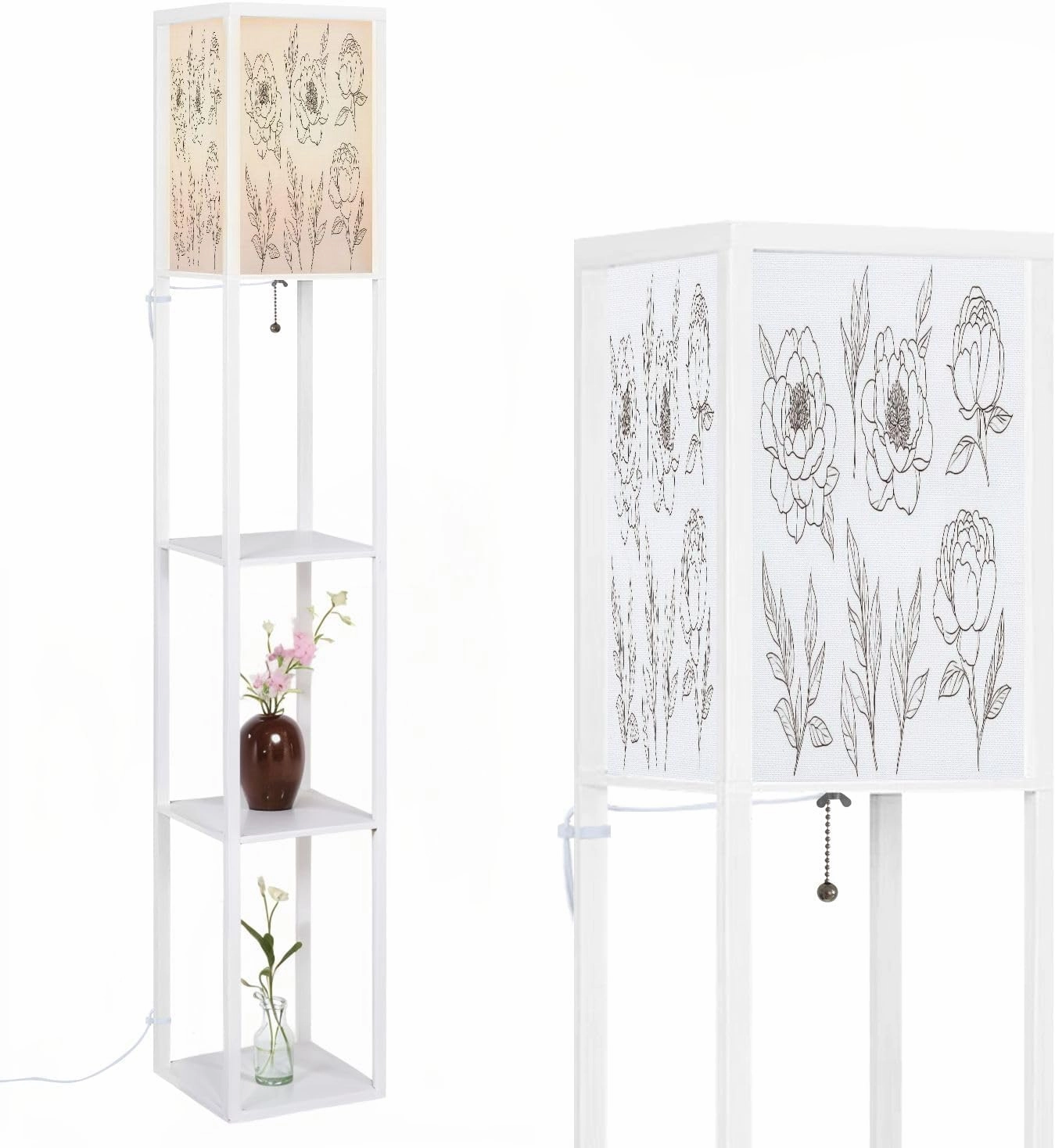 Contoured Simple Peony Flowers Buds Leaves White Floral Set Floor Lamps with Shelves, Modern Standing Lamp Narrow Corner Display Bookshelf Lamp for Living Room, Bedroom, Office Decor