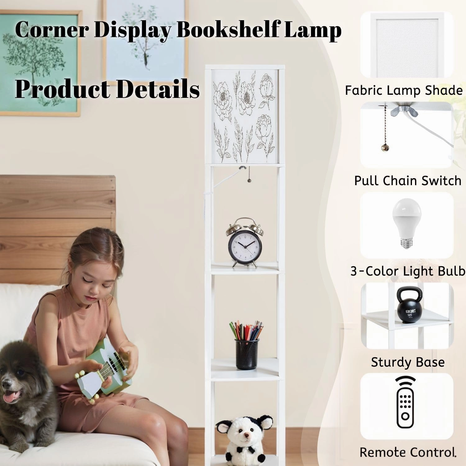 Contoured Simple Peony Flowers Buds Leaves White Floral Set Floor Lamps with Shelves, Modern Standing Lamp Narrow Corner Display Bookshelf Lamp for Living Room, Bedroom, Office Decor