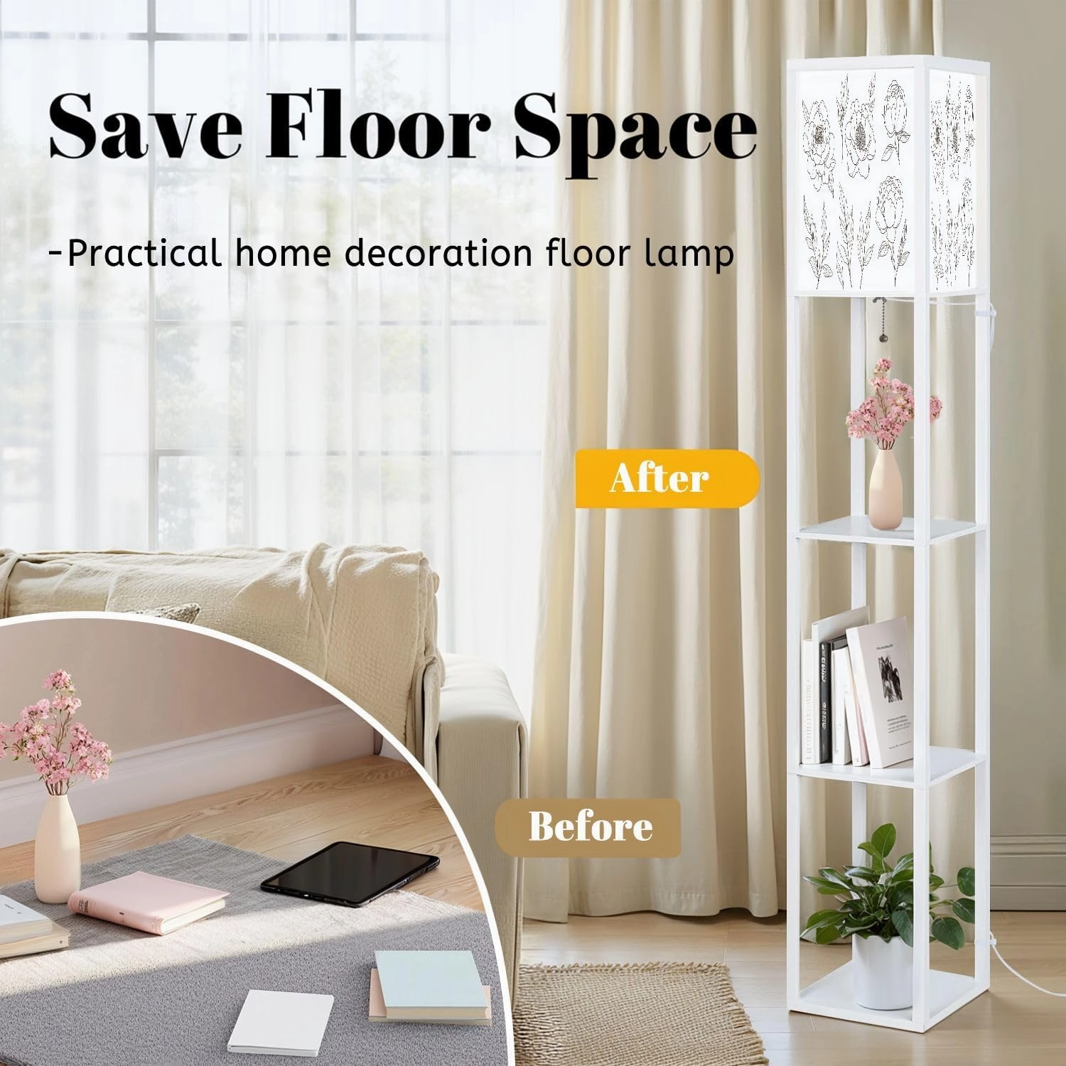 Contoured Simple Peony Flowers Buds Leaves White Floral Set Floor Lamps with Shelves, Modern Standing Lamp Narrow Corner Display Bookshelf Lamp for Living Room, Bedroom, Office Decor