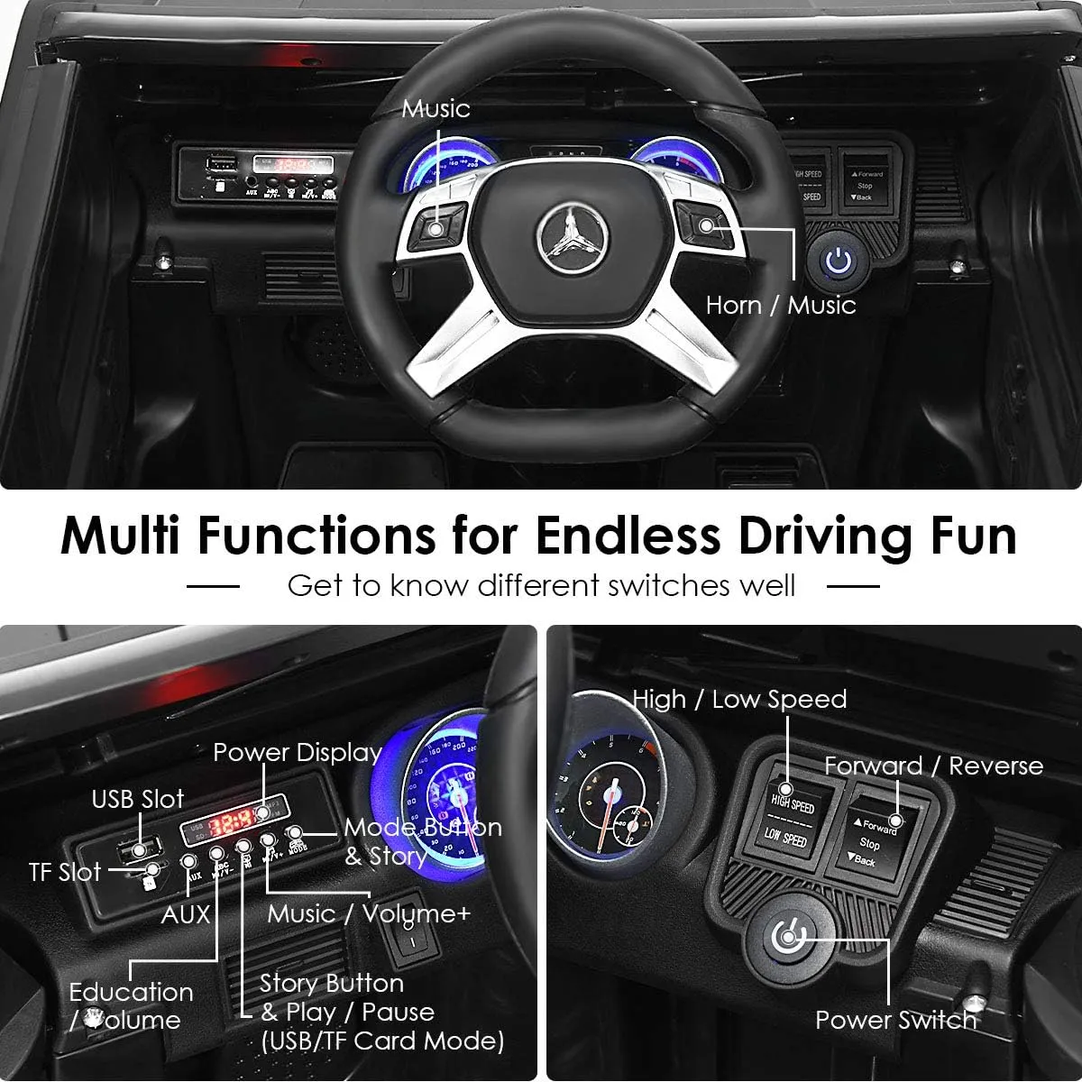 Costzon Ride on Car, Licensed Mercedes-Benz Maybach, 12V Battery Powered Vehicle Toy w/ 2 Motors, Remote Control, 3 Speeds, Lights, Horn, Music, Aux, Storage, Truck, Electric Car for Kids (Black)