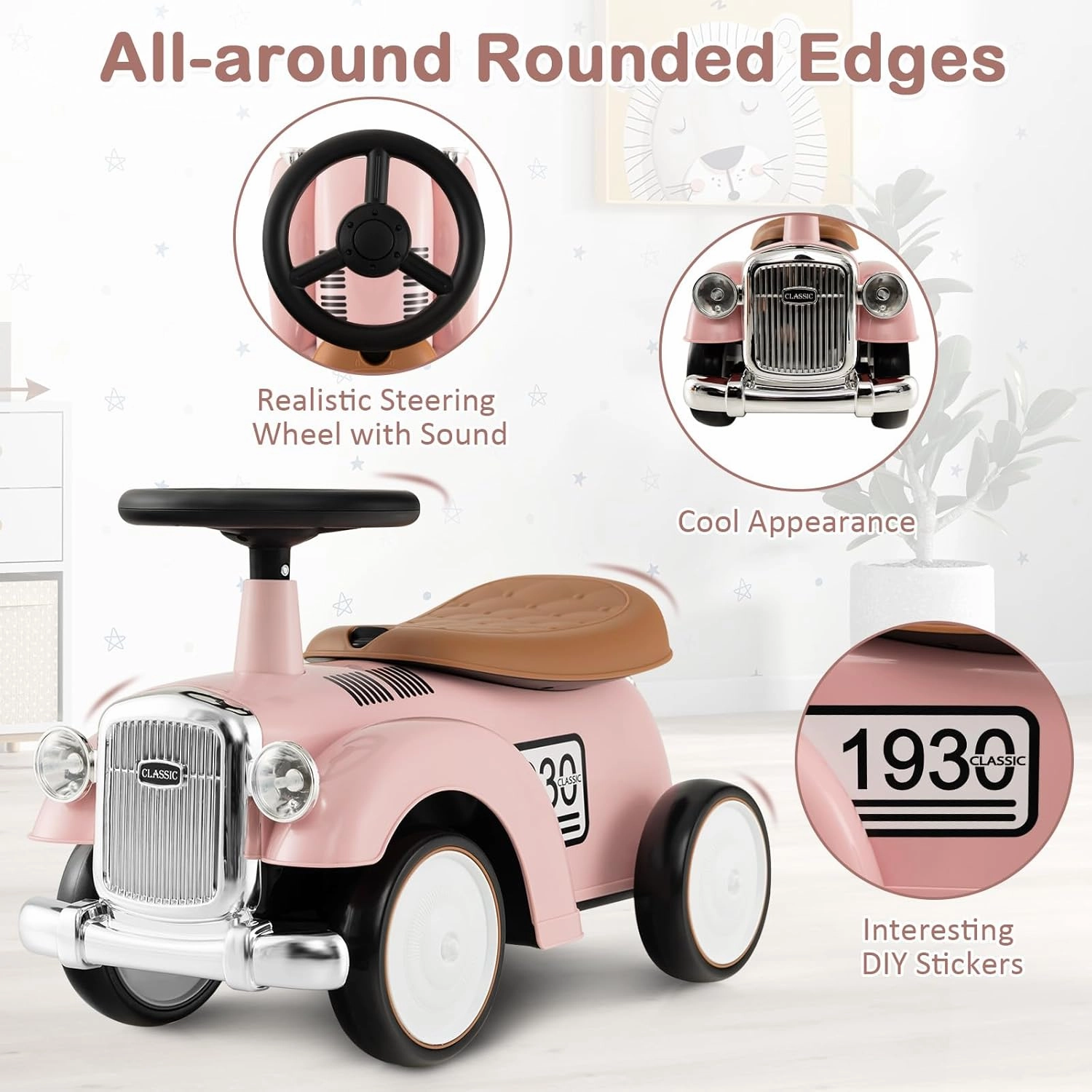 Costzon Ride On Push Car for Toddlers, Classic Kids Foot-to-Floor Sliding Car With Steering Wheel, Horn & Under Seat Storage, Ride On Toy for Boys Girls 18-36 Months (Pink)