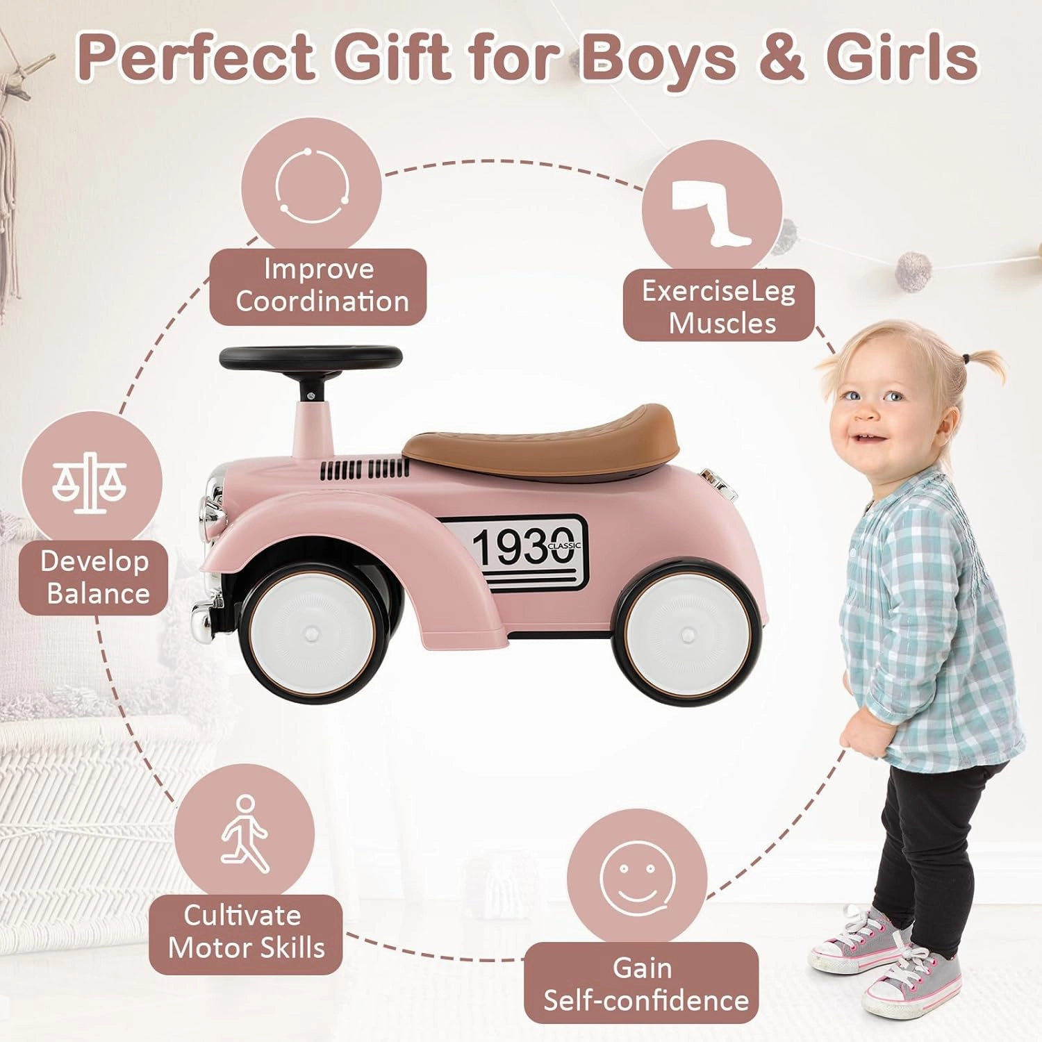 Costzon Ride On Push Car for Toddlers, Classic Kids Foot-to-Floor Sliding Car With Steering Wheel, Horn & Under Seat Storage, Ride On Toy for Boys Girls 18-36 Months (Pink)