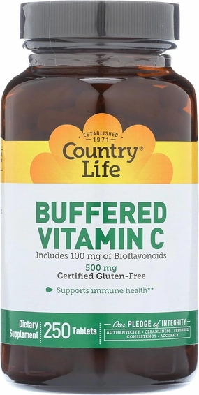 Country Life Vitamin C Buffered with Bioflavonoids, 500mg, 250 Tablets, Certified Gluten Free, Certified Vegan
