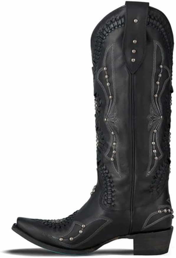 Cowboy Boots for Women, Knee High Western Cowgirl Boots Pointed Toe Chunky Heel Pull on Zipper Fashion Vintage Tall Shoes