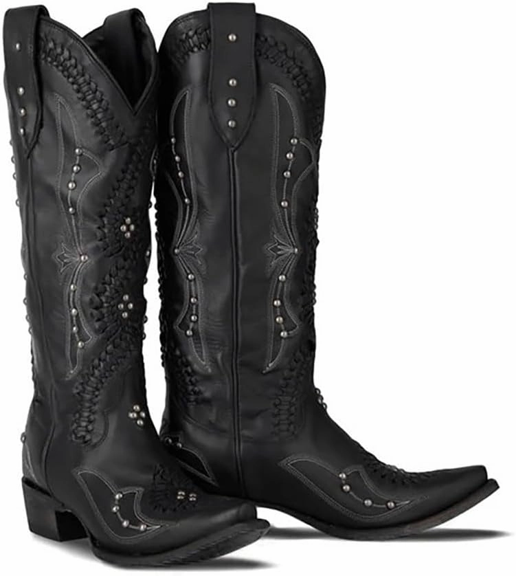 Cowboy Boots for Women, Knee High Western Cowgirl Boots Pointed Toe Chunky Heel Pull on Zipper Fashion Vintage Tall Shoes