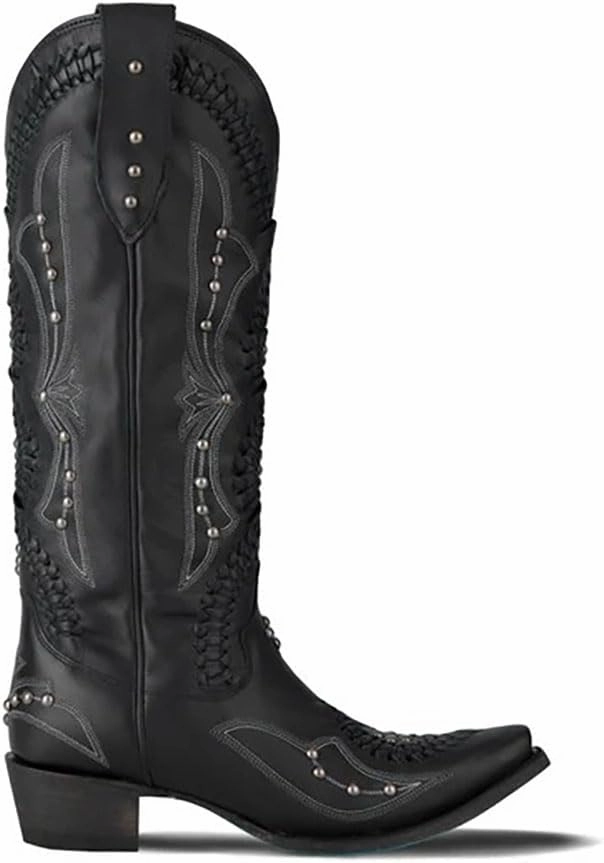 Cowboy Boots for Women, Knee High Western Cowgirl Boots Pointed Toe Chunky Heel Pull on Zipper Fashion Vintage Tall Shoes