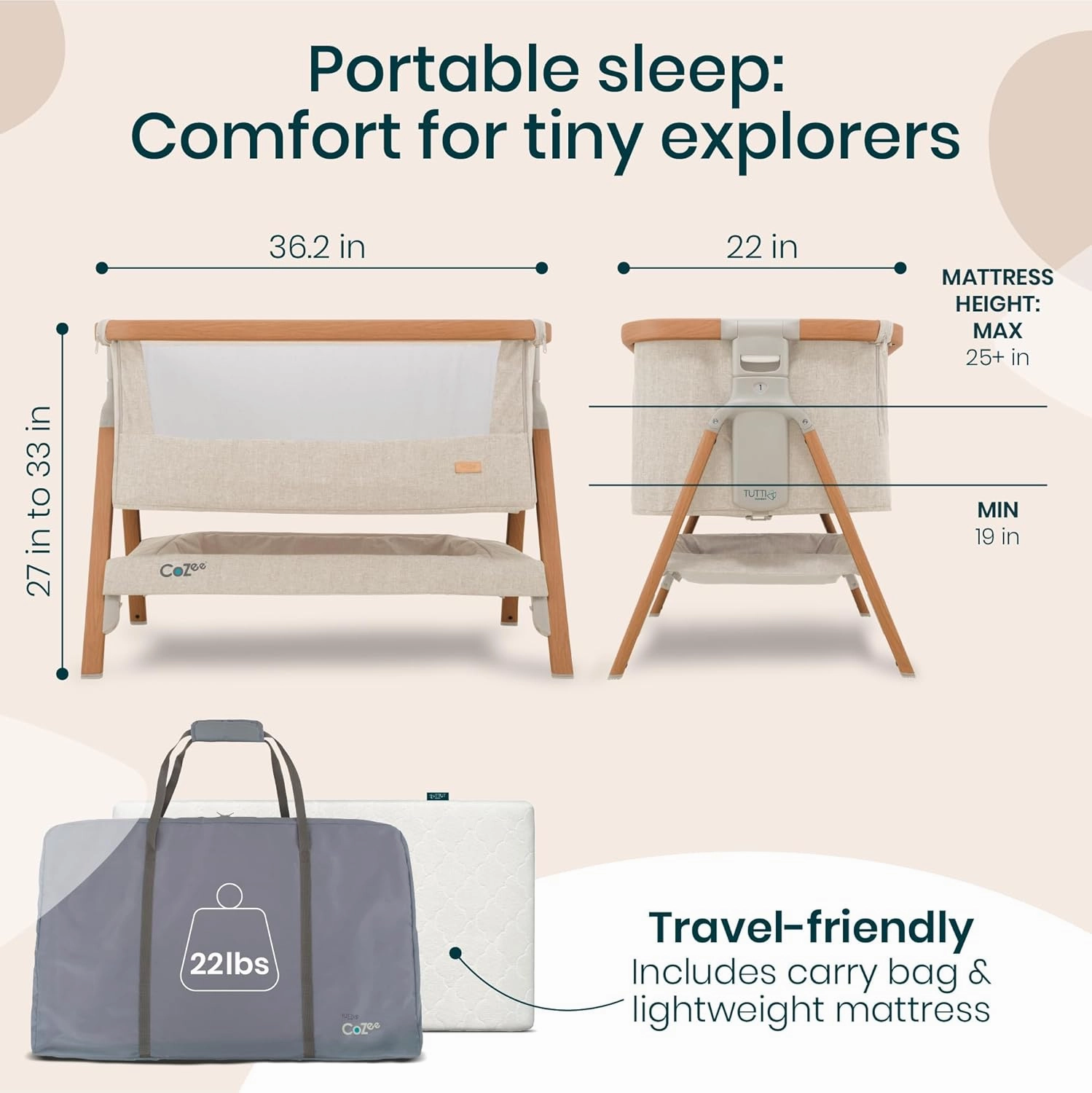 CoZee® 2-in-1 Baby Bassinet & Bedside Sleeper - Fast-Folding Bedside Bassinet, Baby Crib with 6 Mattress Heights & Breathable Mesh Window, Mattress Included, 0-6 Months (Walnut & Ecru)