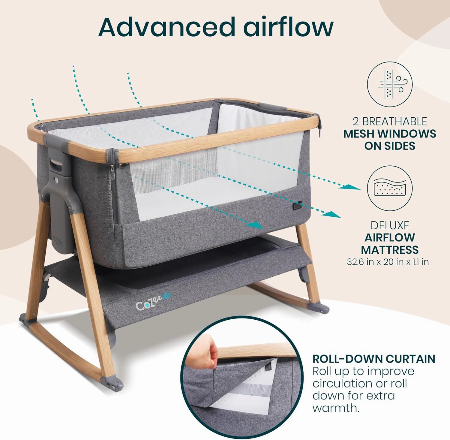 CoZee® Air Baby Bassinet & Bedside Sleeper - Rocking Bassinet for Baby, Fast-Folding with Travel Bag, Deluxe Airflow Mattress & 6 Mattress Heights, 0-6 Months (Oak & Charcoal)