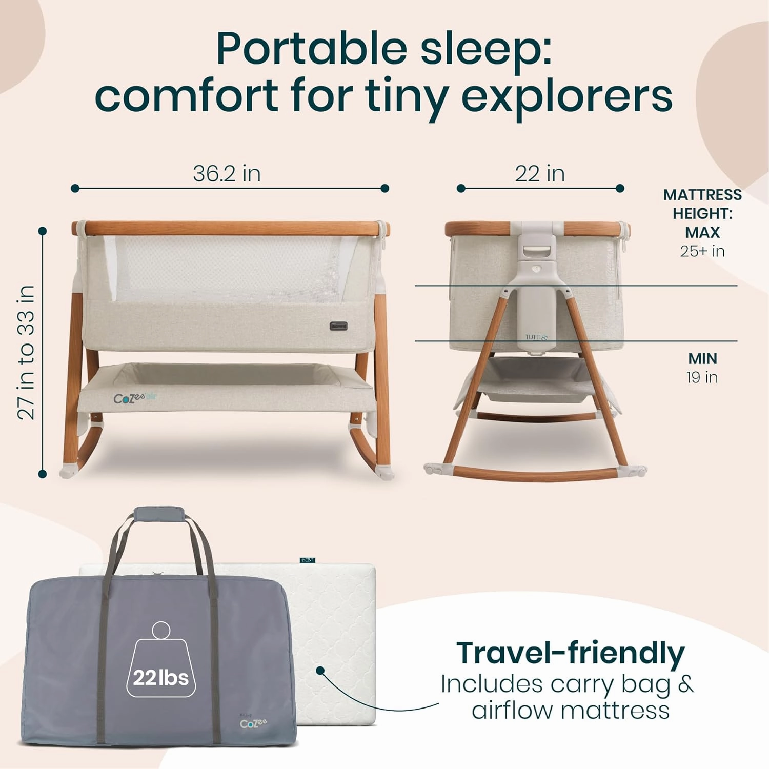 CoZee® Air Baby Bassinet & Bedside Sleeper - Rocking Bassinet for Baby, Fast-Folding with Travel Bag, Deluxe Airflow Mattress & 6 Mattress Heights, 0-6 Months (Walnut & Ecru)