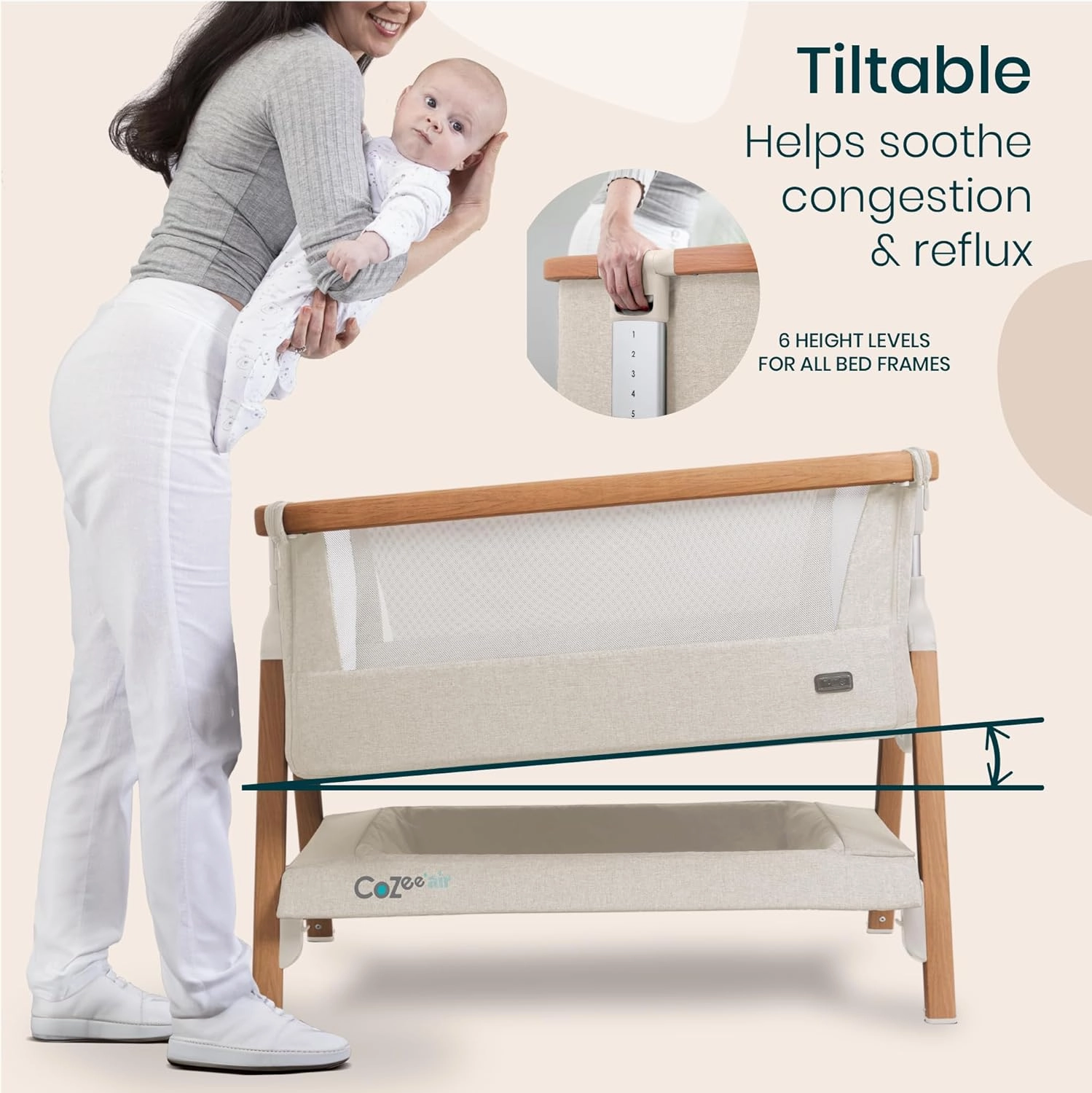 CoZee® Air Baby Bassinet & Bedside Sleeper - Rocking Bassinet for Baby, Fast-Folding with Travel Bag, Deluxe Airflow Mattress & 6 Mattress Heights, 0-6 Months (Walnut & Ecru)