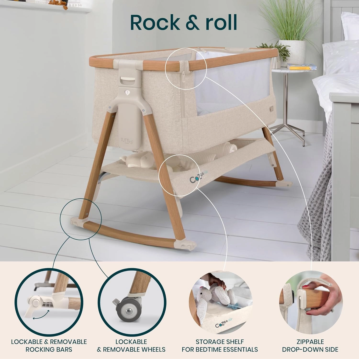 CoZee® Air Baby Bassinet & Bedside Sleeper - Rocking Bassinet for Baby, Fast-Folding with Travel Bag, Deluxe Airflow Mattress & 6 Mattress Heights, 0-6 Months (Walnut & Ecru)