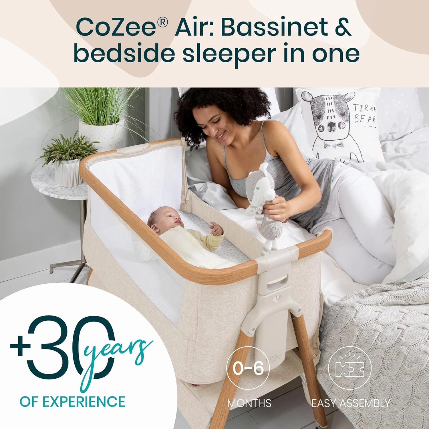 CoZee® Air Baby Bassinet & Bedside Sleeper - Rocking Bassinet for Baby, Fast-Folding with Travel Bag, Deluxe Airflow Mattress & 6 Mattress Heights, 0-6 Months (Walnut & Ecru)