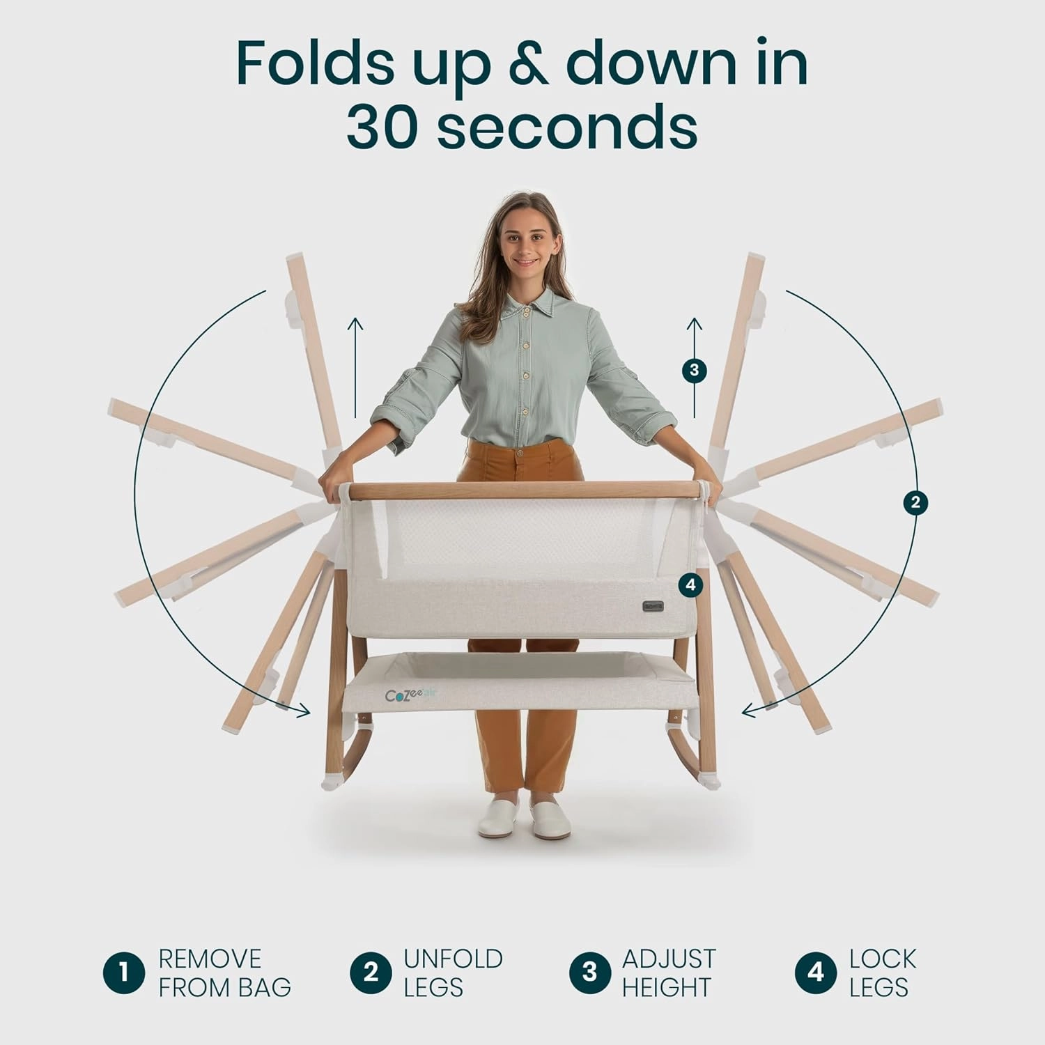 CoZee® Air Baby Bassinet & Bedside Sleeper - Rocking Bassinet for Baby, Fast-Folding with Travel Bag, Deluxe Airflow Mattress & 6 Mattress Heights, 0-6 Months (Walnut & Ecru)