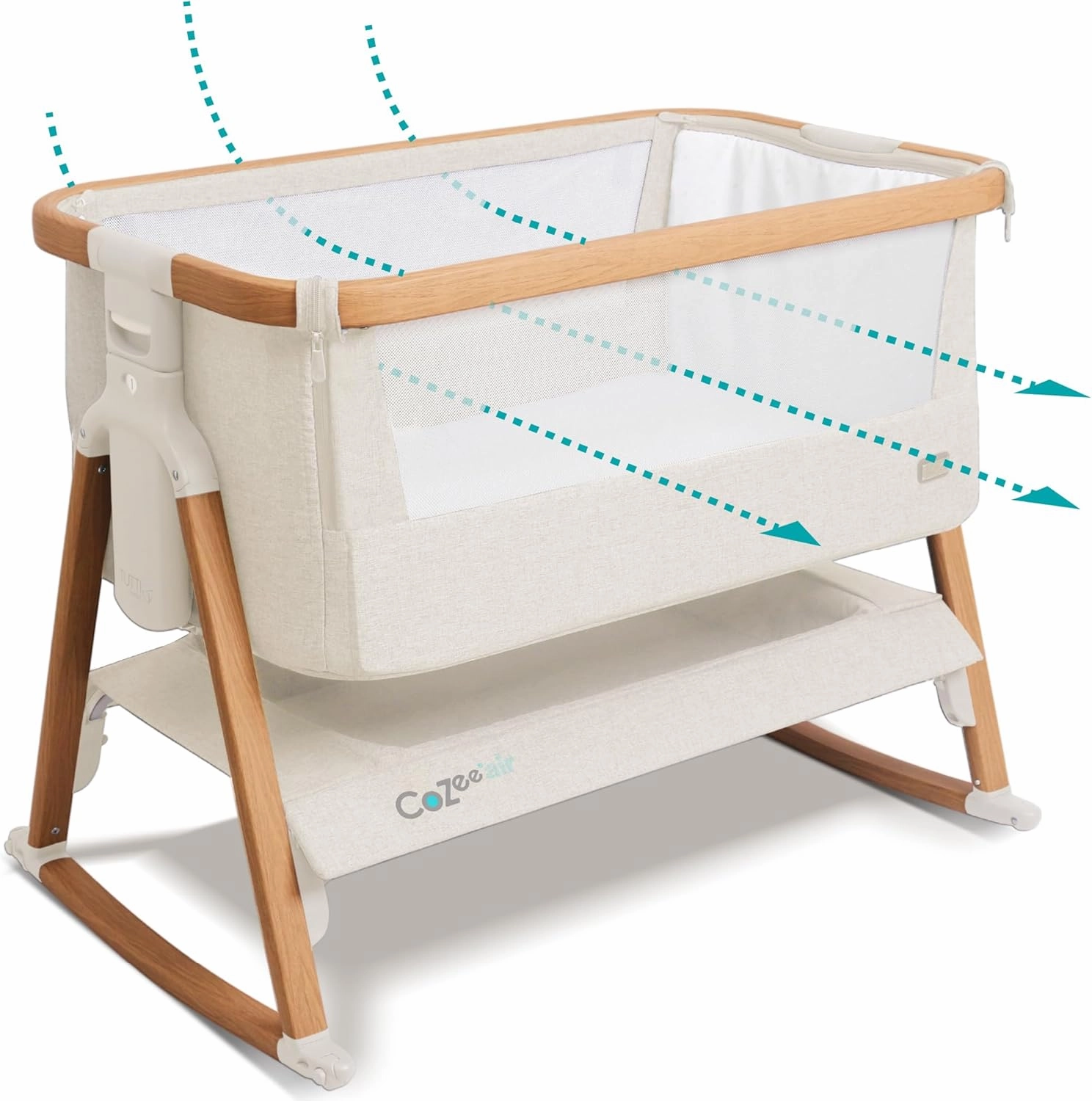 CoZee® Air Baby Bassinet & Bedside Sleeper - Rocking Bassinet for Baby, Fast-Folding with Travel Bag, Deluxe Airflow Mattress & 6 Mattress Heights, 0-6 Months (Walnut & Ecru)