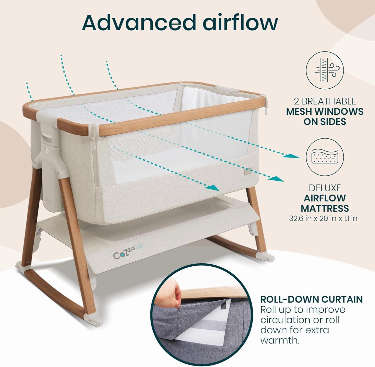 CoZee® Air Baby Bassinet & Bedside Sleeper - Rocking Bassinet for Baby, Fast-Folding with Travel Bag, Deluxe Airflow Mattress & 6 Mattress Heights, 0-6 Months (Walnut & Ecru)