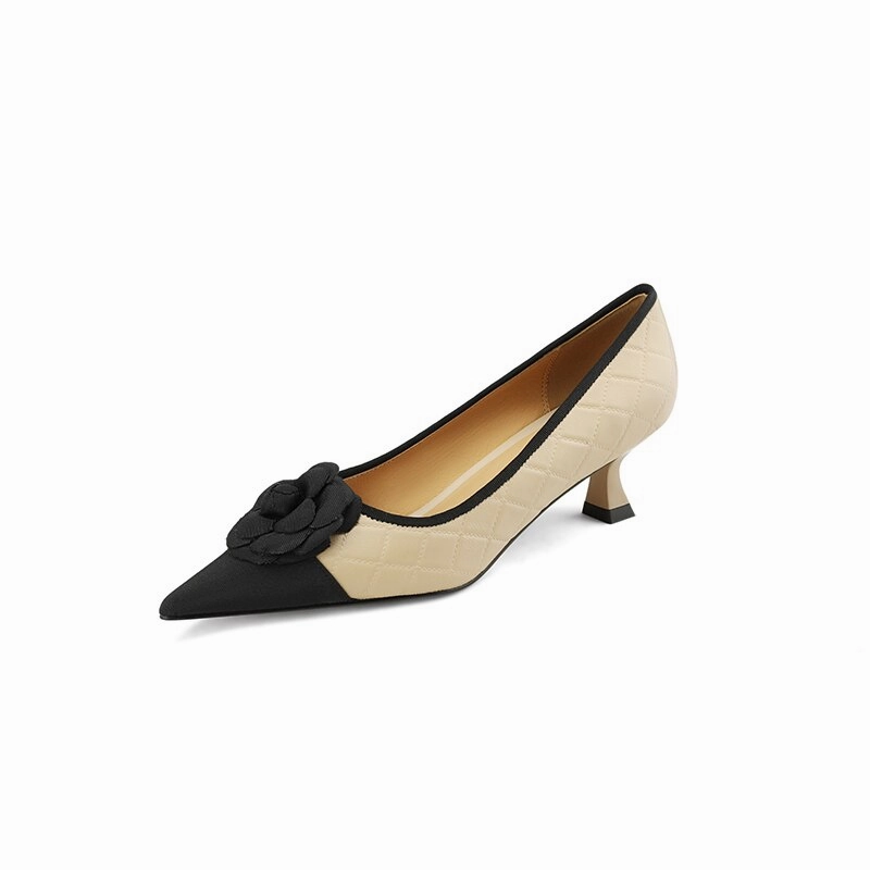 creamtopmall 2023 new Spring women pumps natural leather 22-24.5cm sheepskin cowhide pigskin pointed toe flower high heel shoes fashion