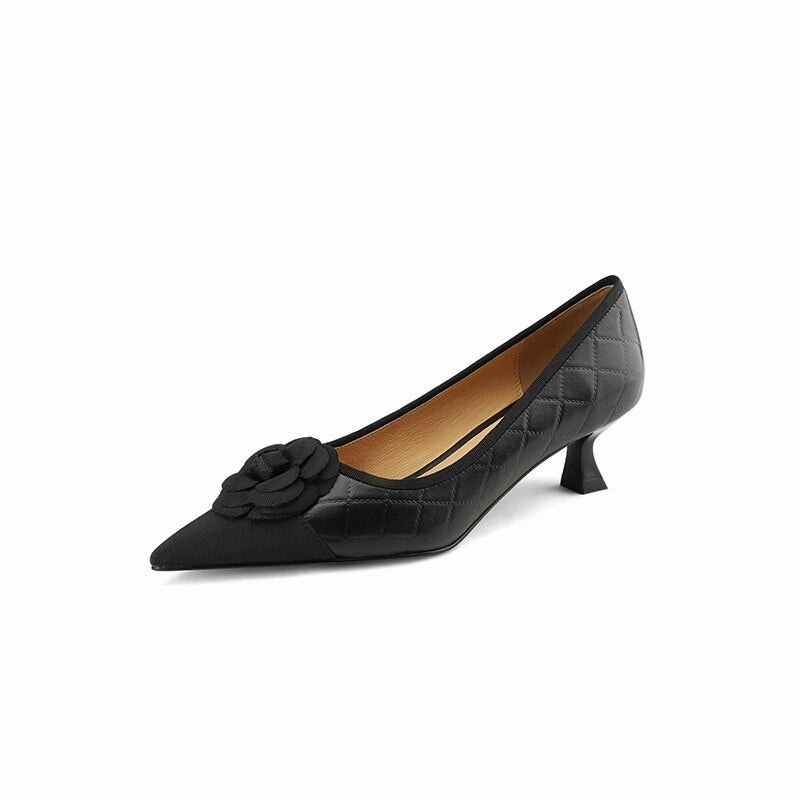 creamtopmall 2023 new Spring women pumps natural leather 22-24.5cm sheepskin cowhide pigskin pointed toe flower high heel shoes fashion