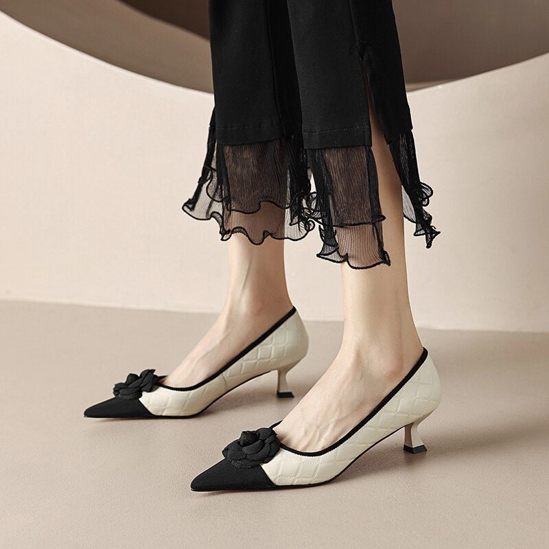 creamtopmall 2023 new Spring women pumps natural leather 22-24.5cm sheepskin cowhide pigskin pointed toe flower high heel shoes fashion