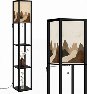 Creative Minimalist Hand Illustrations Mid Century Modern Natural Floor Lamps with Shelves, Modern Standing Lamp Narrow Corner Display Bookshelf Lamp for Living Room, Bedroom, Office Decor