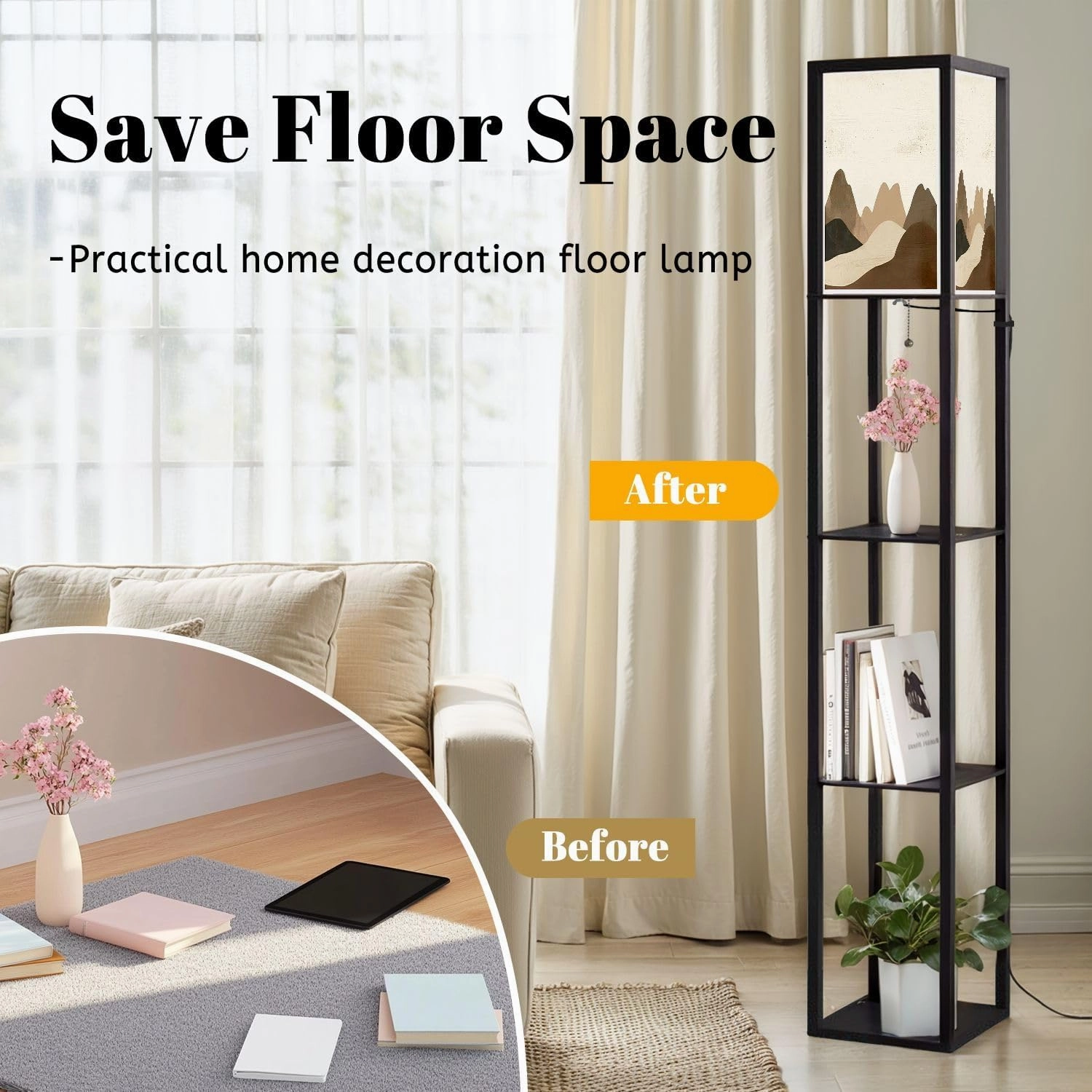 Creative Minimalist Hand Illustrations Mid Century Modern Natural Floor Lamps with Shelves, Modern Standing Lamp Narrow Corner Display Bookshelf Lamp for Living Room, Bedroom, Office Decor