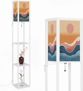 Creative Minimalist Hand Illustrations Mid Century Modern Natural Floor Lamps with Shelves, Modern Standing Lamp Narrow Corner Display Bookshelf Lamp for Living Room, Bedroom, Office Decor