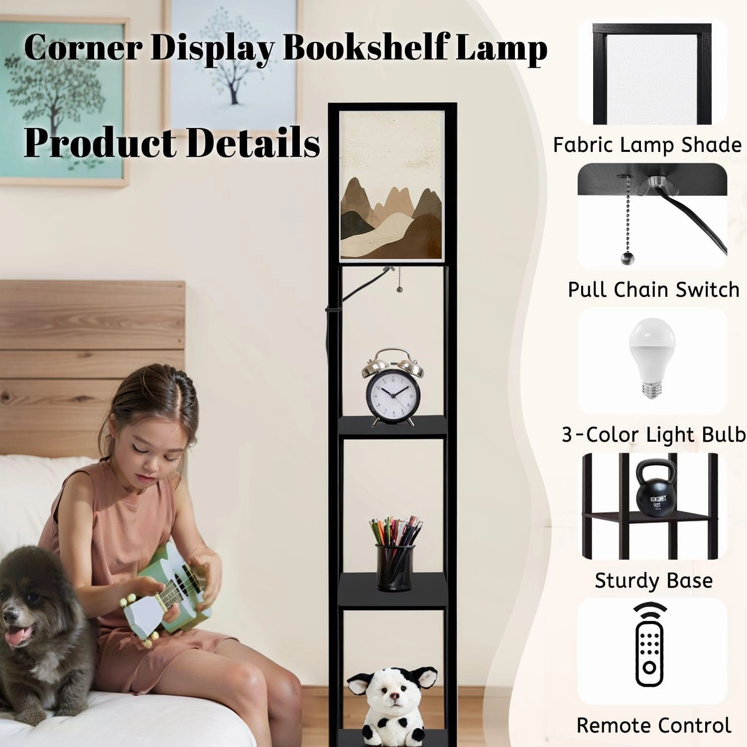 Creative Minimalist Hand Illustrations Mid Century Modern Natural Floor Lamps with Shelves, Modern Standing Lamp Narrow Corner Display Bookshelf Lamp for Living Room, Bedroom, Office Decor
