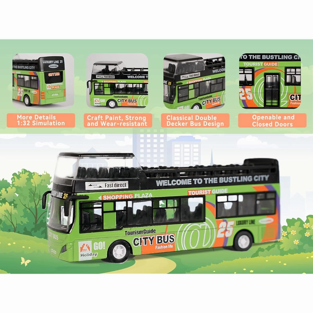 Crelloci City Bus Toy Car Die-Cast Tourism 2-Story London Bus Pull Back Car City Bus 1:32 Scale Light and Sound Play Vehicle 3 Years Old 4 Years Old 5 Years Old 6 Years Old Boys Girls